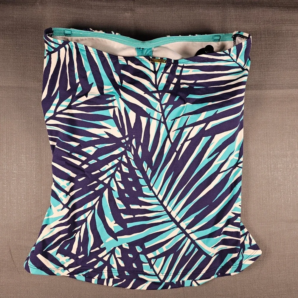 Anne Cole Navy Turquoise Palm Leaf Bandeau Tankini Swim Top‎ Twist Front Ruched
